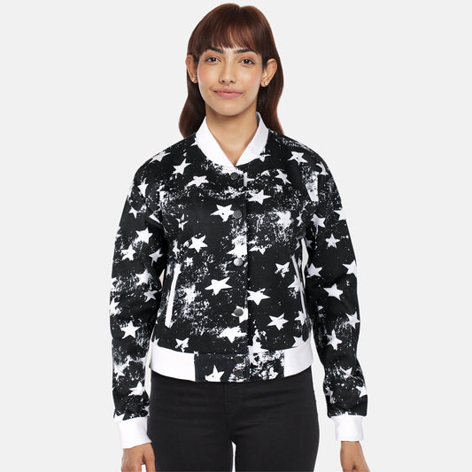 Women Versity Baloon Fit Star print Jacket-Ladies-2030-Black - FactoryX.pk