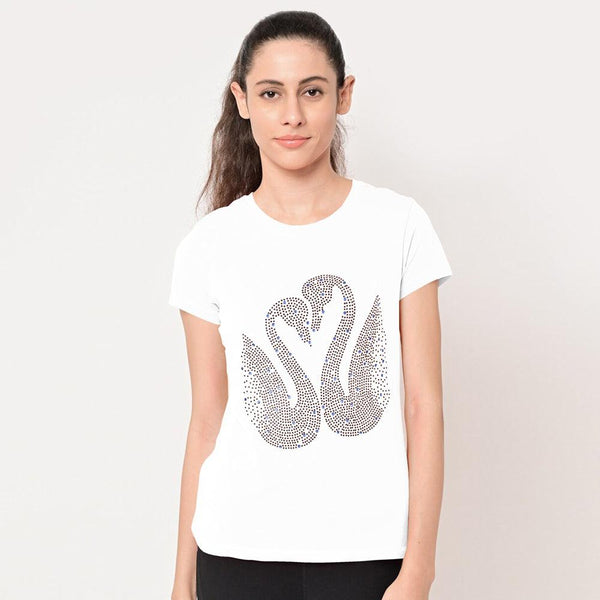 Duck Printed Stone Embraided Tees-LTST-0003-White - FactoryX.pk