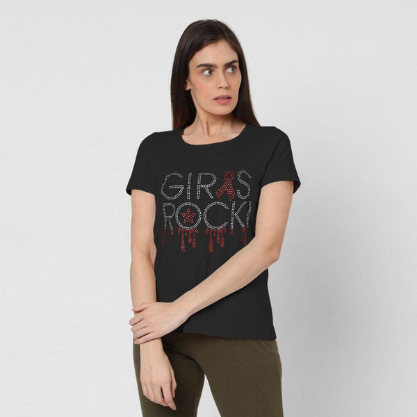 Girls Rock Stone Sequence Printed Tees For Her-LTST-0005-Black - FactoryX.pk