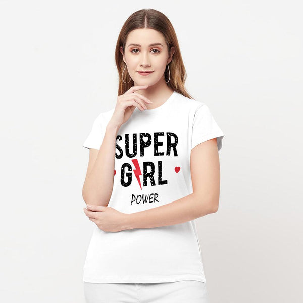 Super Girl Printed Tees For Her-LTST-0009-White - FactoryX.pk