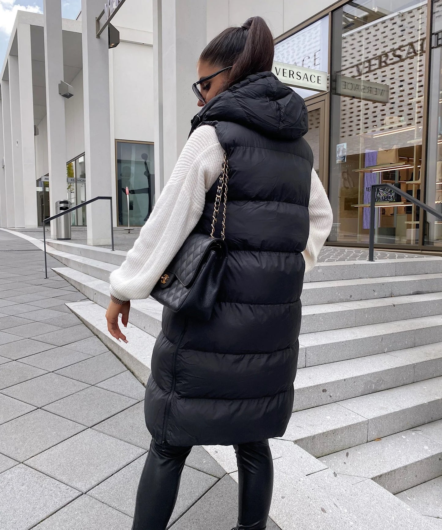 Gilet Sleevless Hooded Long Line Puffer Jacket Women-Fp740 LJKT-2039-Black
