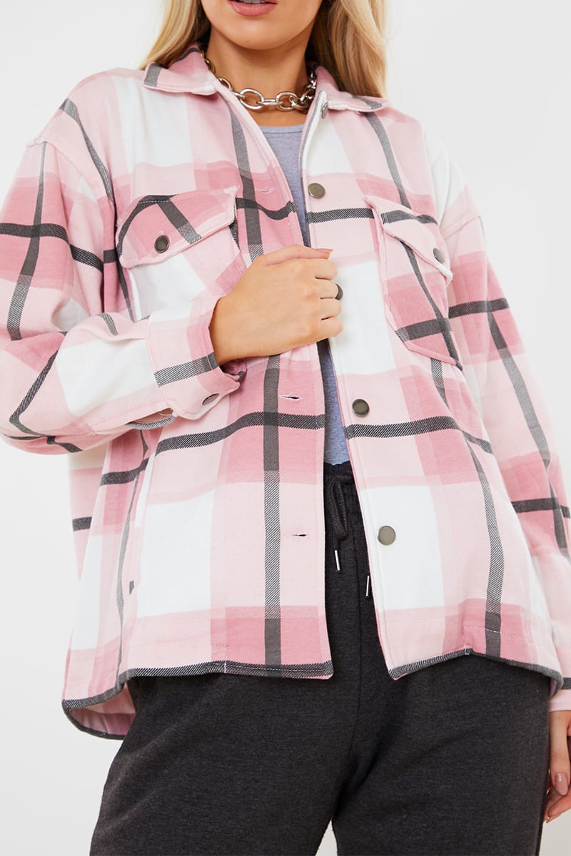Pink & wht Checked Shacket For Her-LSHKT-0020-Pink White - FactoryX.pk