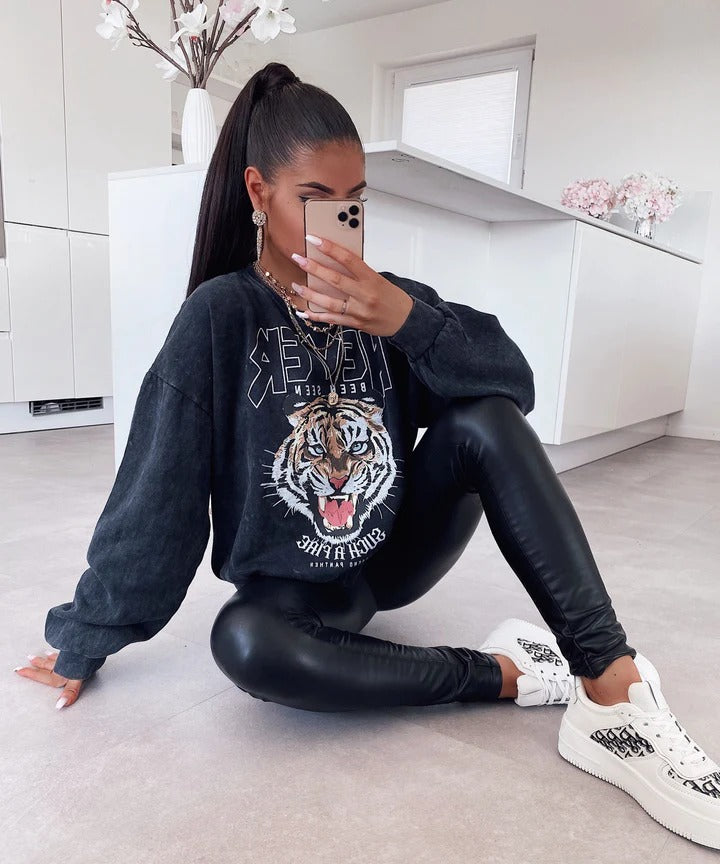 Ladypolitan Tiger print sweatshirt For Her-LSWS-2010 One Size Dark Grey - FactoryX.pk