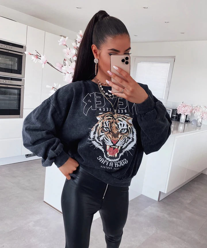 Ladypolitan Tiger print sweatshirt For Her-LSWS-2010 One Size Dark Grey - FactoryX.pk
