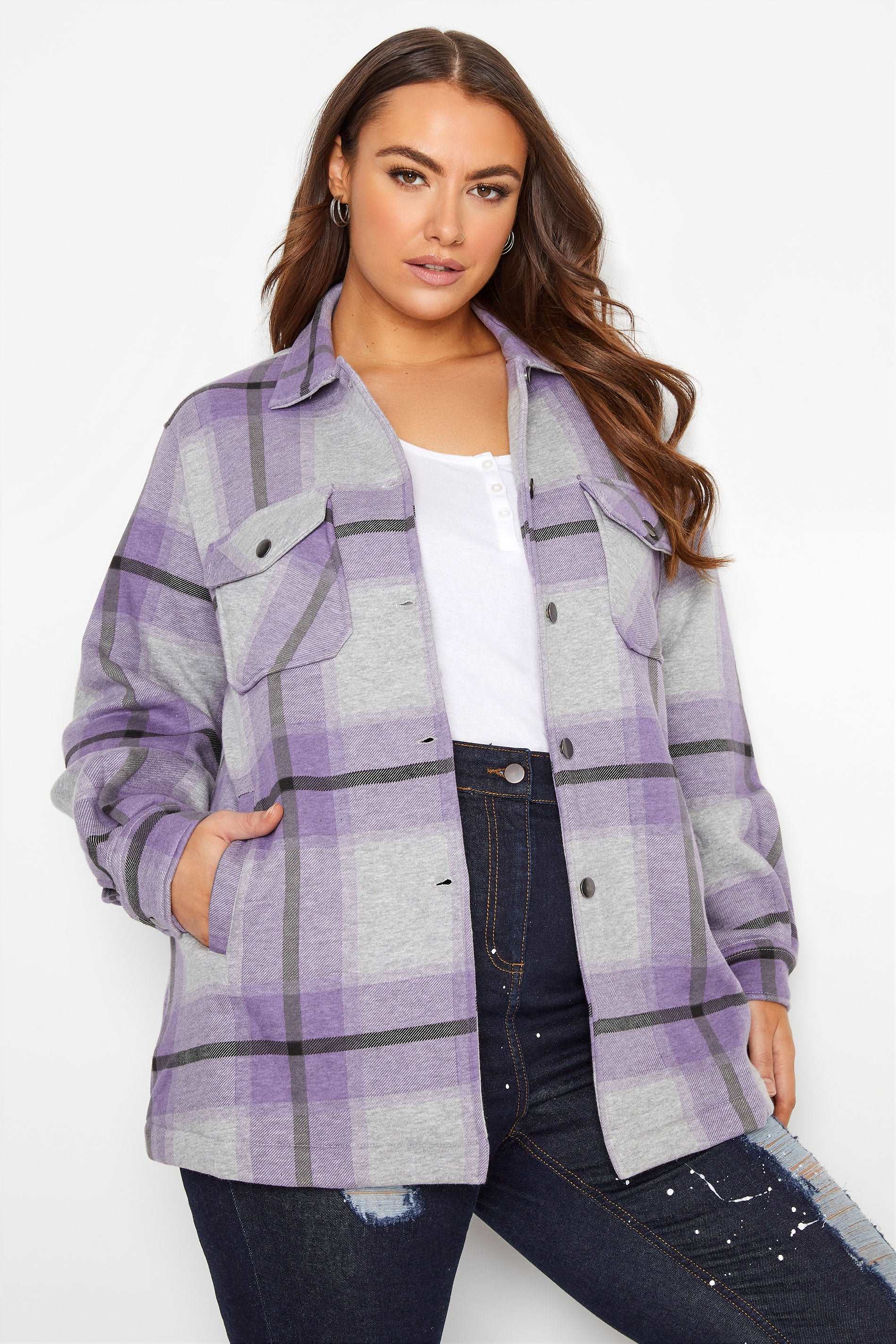 Grey Lilac Oversized check shacket For Her-2015 - FactoryX.pk