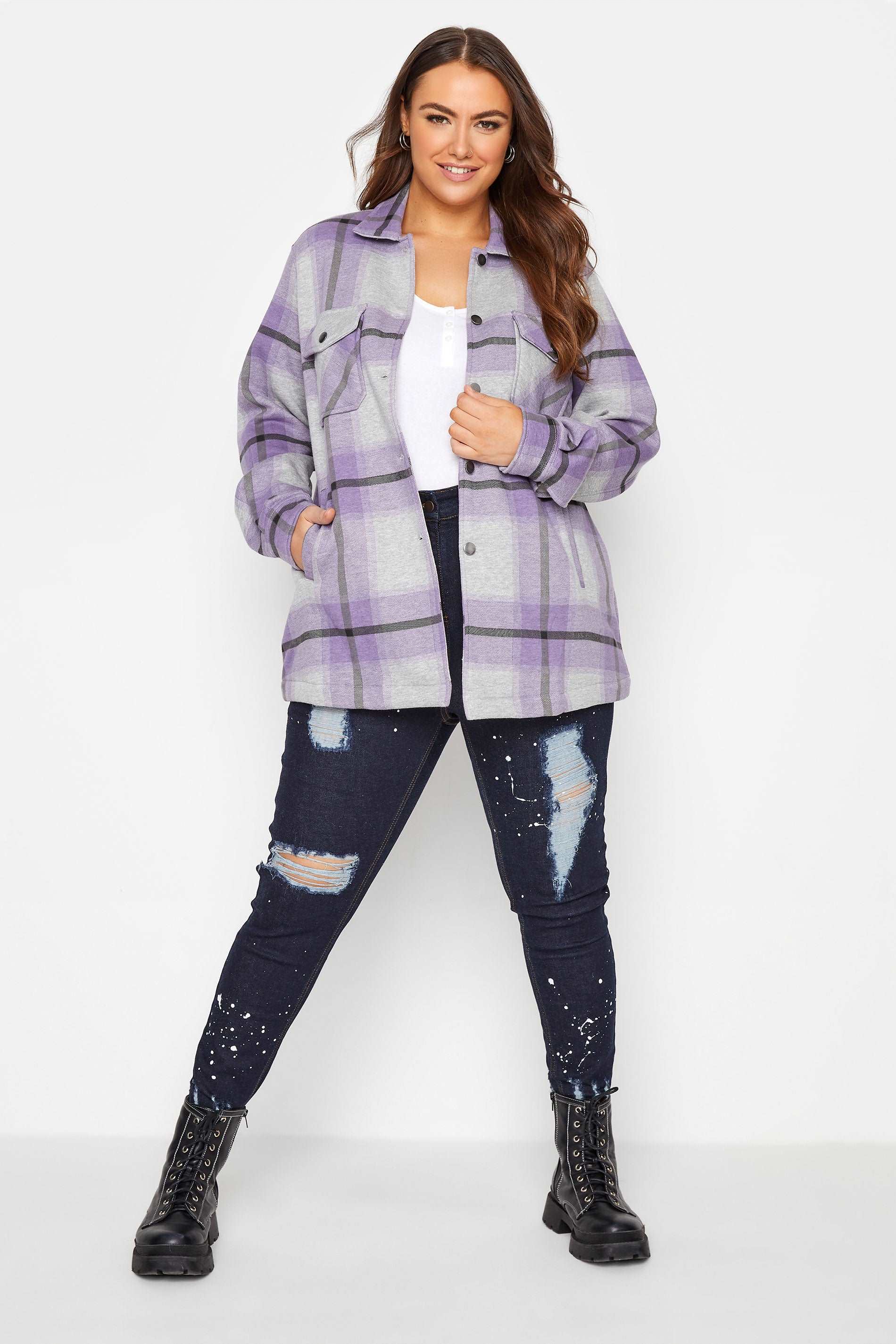 Grey Lilac Oversized check shacket For Her-2015 - FactoryX.pk