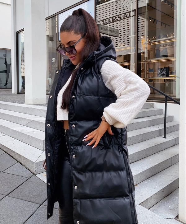 Black Sleeveless long Leather Jacket For Women-2021 - FactoryX.pk