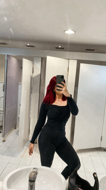 Rib Cross Over Long Sleeve Jumpsuit-PLT-2544-Black