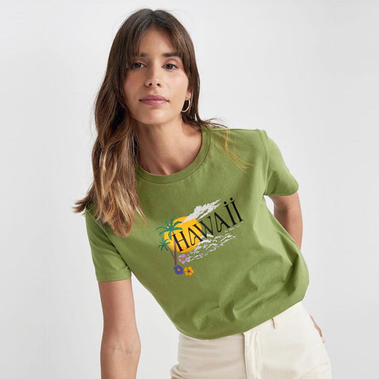 Hawaii Beach Printed T-shirt For Ladies-2243-Olive