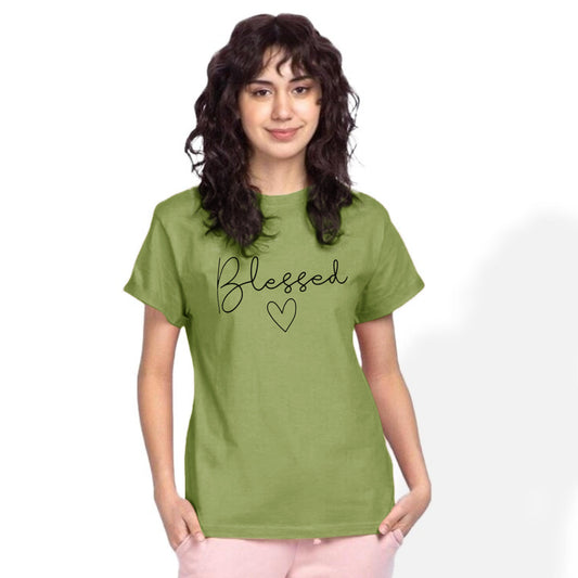 Blessed Printed T-shirt For Ladies-2244-Olive