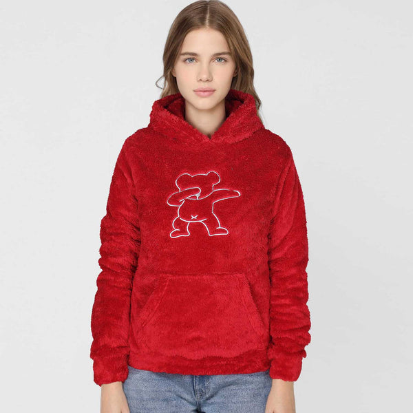 Teddy Bear Embroidered Furr Sherpa Hood For Women-2303-Red