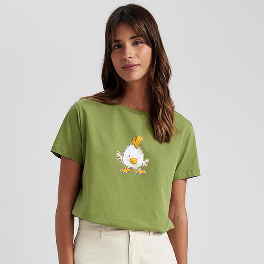 Angry Bird Printed T-shirt For Ladies-2245-Olive