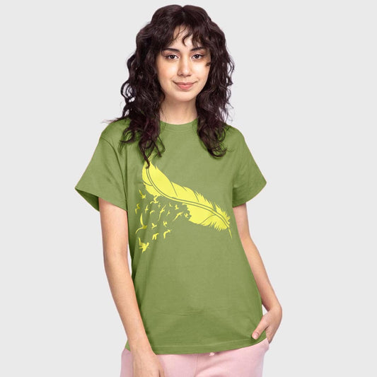 Leaf Printed T-shirt For Ladies-2242-Olive