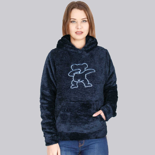 Teddy Bear Embroidered Furr Hood For Women-2303-Navy
