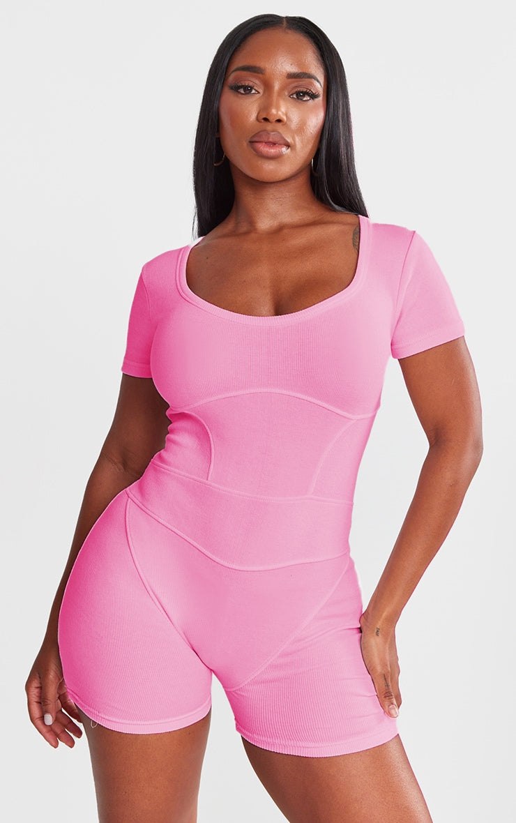 PLT Shape Bright seam detail Short  Sleeve Unitard-2440-Pink