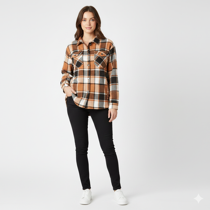 2799-Plt Women Oversized Check Shacket-Brown White