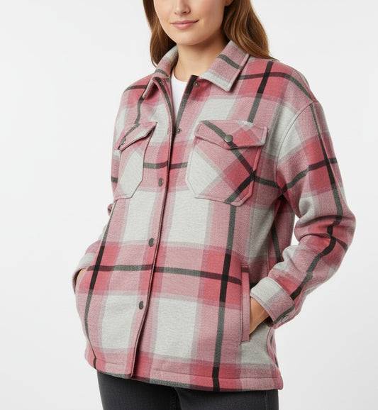 2798-Plt Women Oversized Check Shacket-Red Grey