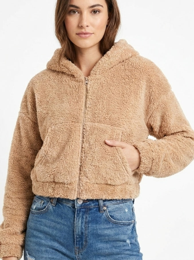 2787-Crazyage Furr Drop Shoulder Cropped Hoodie Women