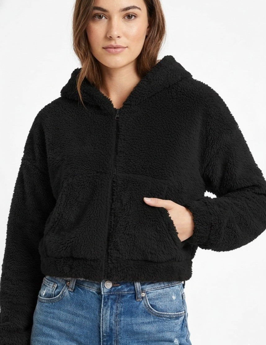2787-Crazyage Furr Drop Shoulder Cropped Hoodie Women