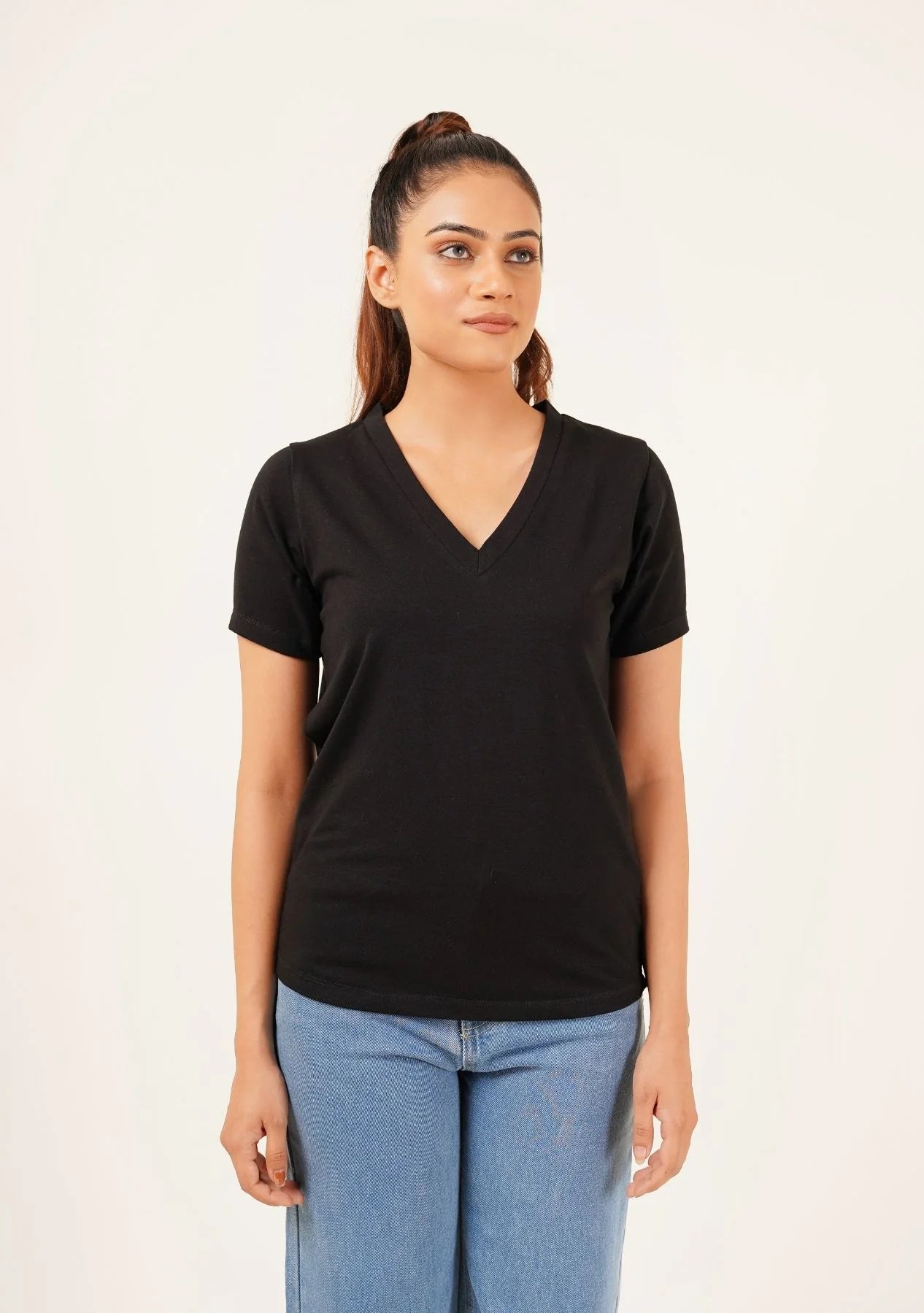 2695-Fapak V-Neck T-shirt For Women-Black