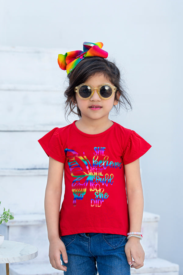 Zochee Multicolor Butterfly Printed Girls T-shirt-KTST-2151-Red