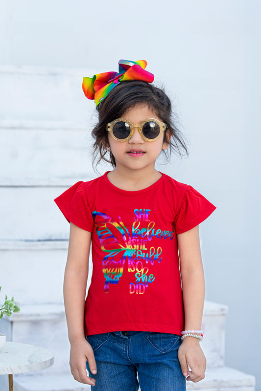 Zochee Multicolor Butterfly Printed Girls T-shirt-KTST-2151-Red