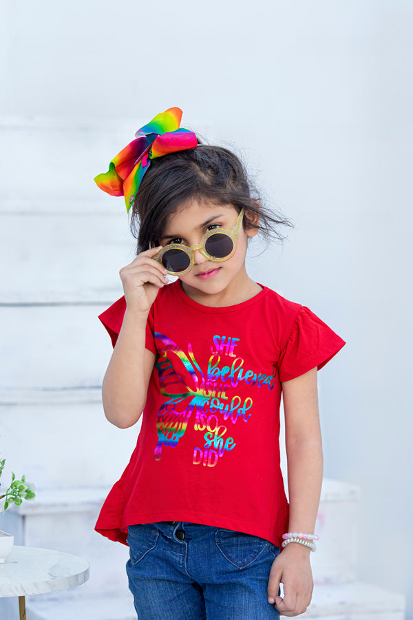Zochee Multicolor Butterfly Printed Girls T-shirt-KTST-2151-Red