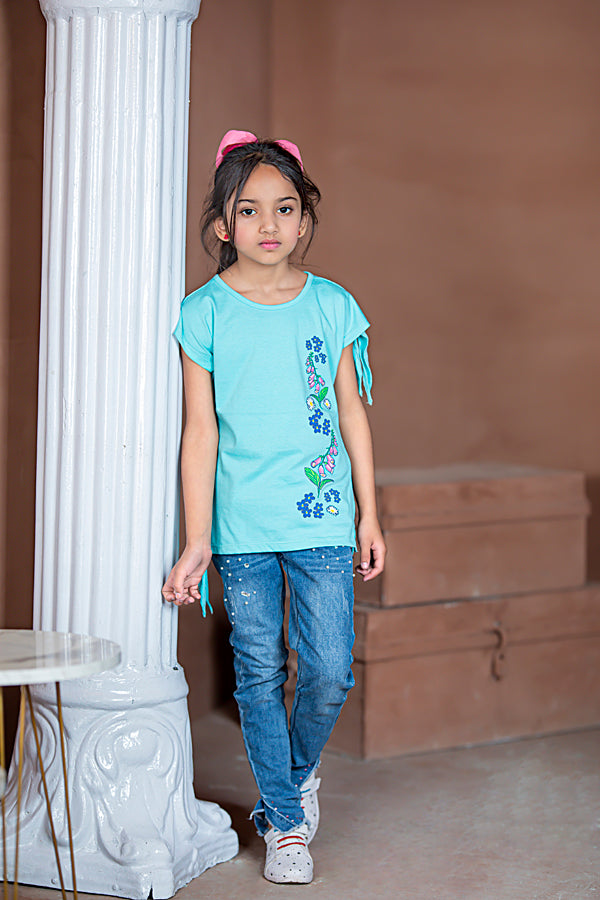 Zochee Sunflower Printed Girls T-shirt-KTST-2158-Sky Blue