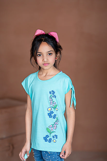 Zochee Sunflower Printed Girls T-shirt-KTST-2158-Sky Blue