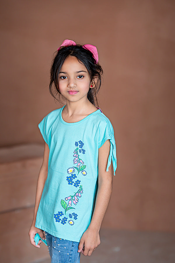 Zochee Sunflower Printed Girls T-shirt-KTST-2158-Sky Blue