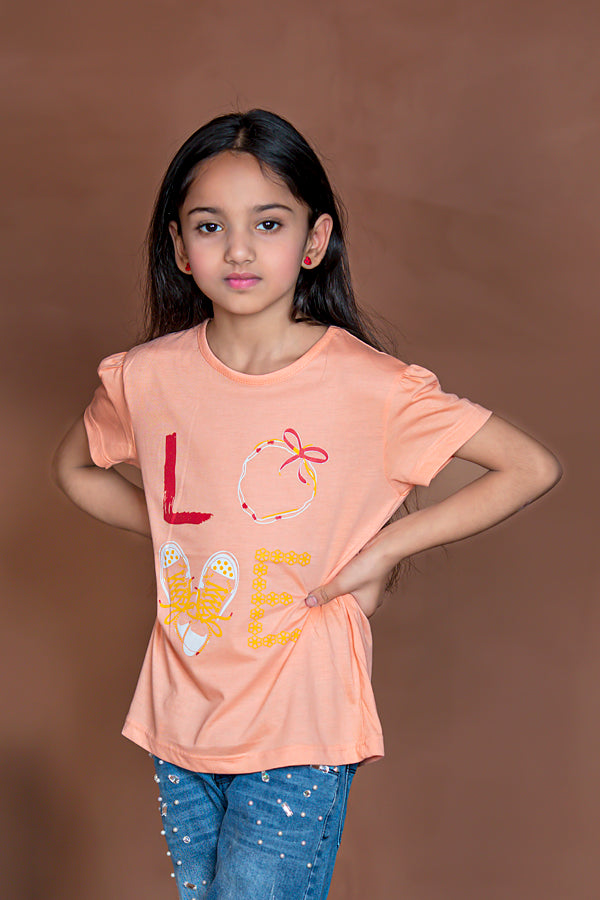 Rawculture Love Printed Girls T-shirt-KTST-2159-Light Peach