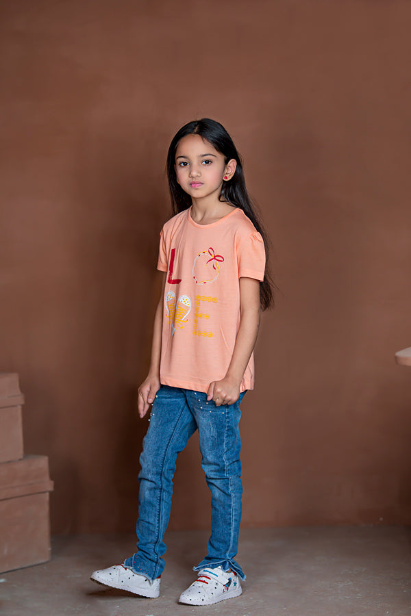 Rawculture Love Printed Girls T-shirt-KTST-2159-Light Peach