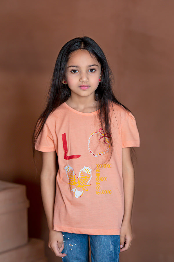 Rawculture Love Printed Girls T-shirt-KTST-2159-Light Peach