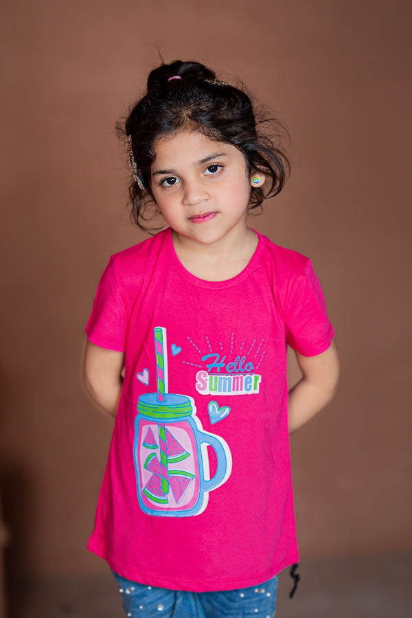 Rawculture Hello Summer Printed Girls T-shirt-KTST-2162-Dark pink