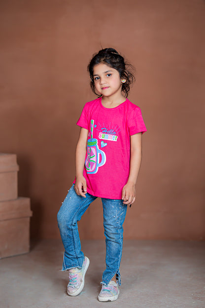 Rawculture Hello Summer Printed Girls T-shirt-KTST-2162-Dark pink