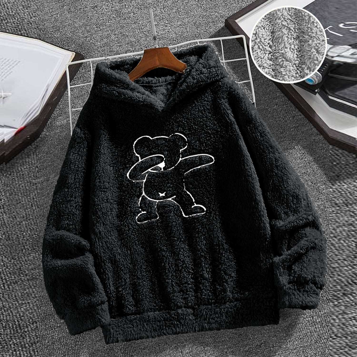 Teddy Bear Embroidered Furr Hood For Women-2303-BLACK