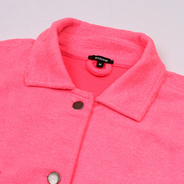 Plain Fuchsia Fleece Shacket For Women-2488