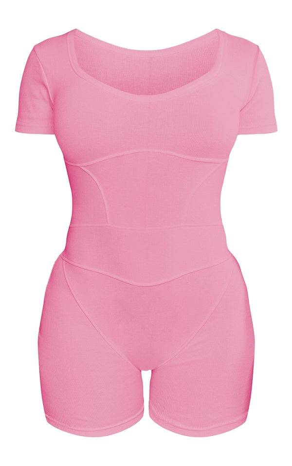 PLT Shape Bright seam detail Short  Sleeve Unitard-2440-Pink