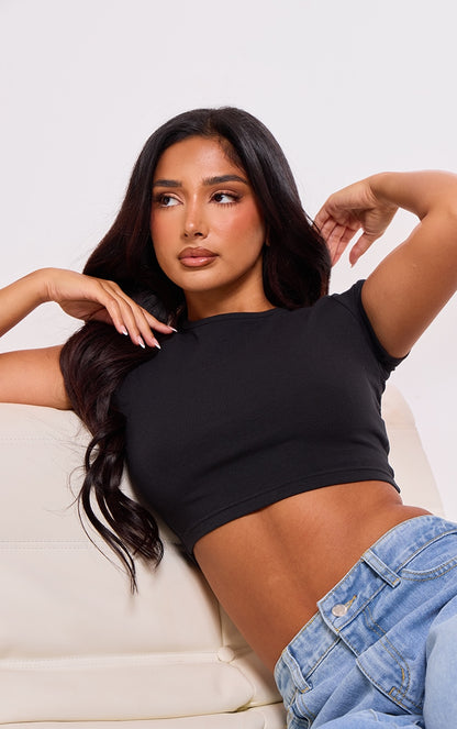 Cotton Basic Cap Sleeve Crop Top-2420-PLT-Black