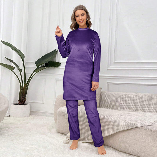 Velvet Crew Neck Tracksuit For Women-2354-Purple