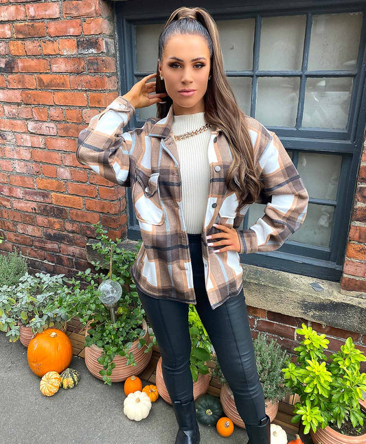 2795-Plt Women Oversized Check Shacket-Camel White