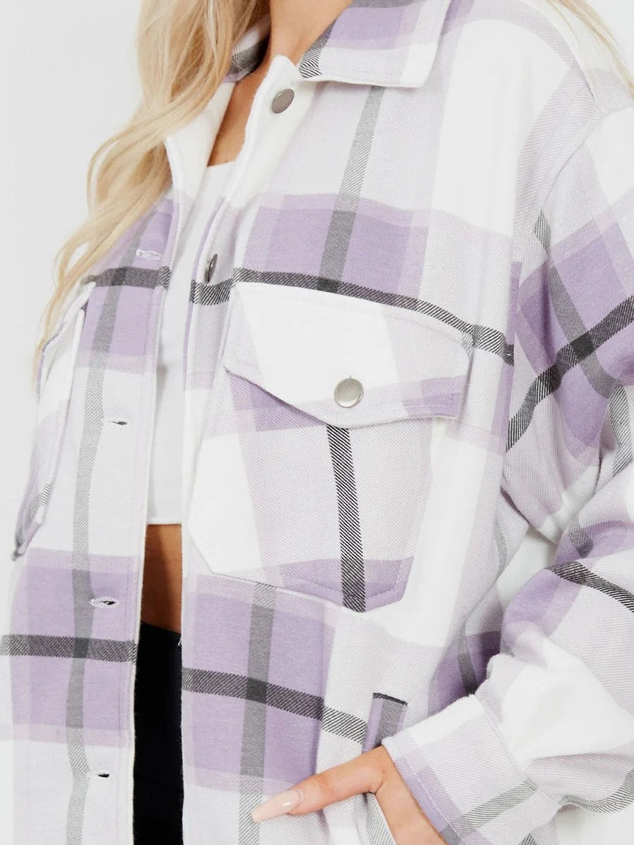 2790-Plt Women Oversize Check Shacket-Lilac White