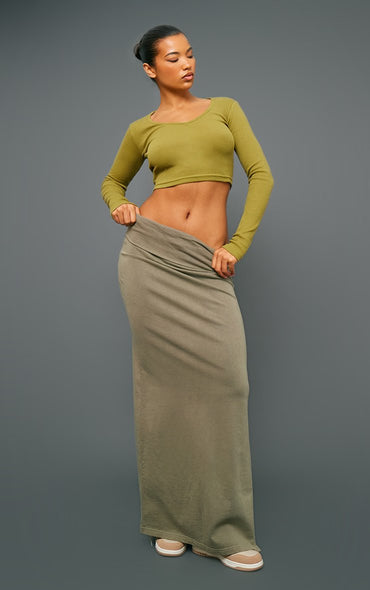 Long Sleeve Ribbed V-Neck Croptop-PLT-2301 -Olive