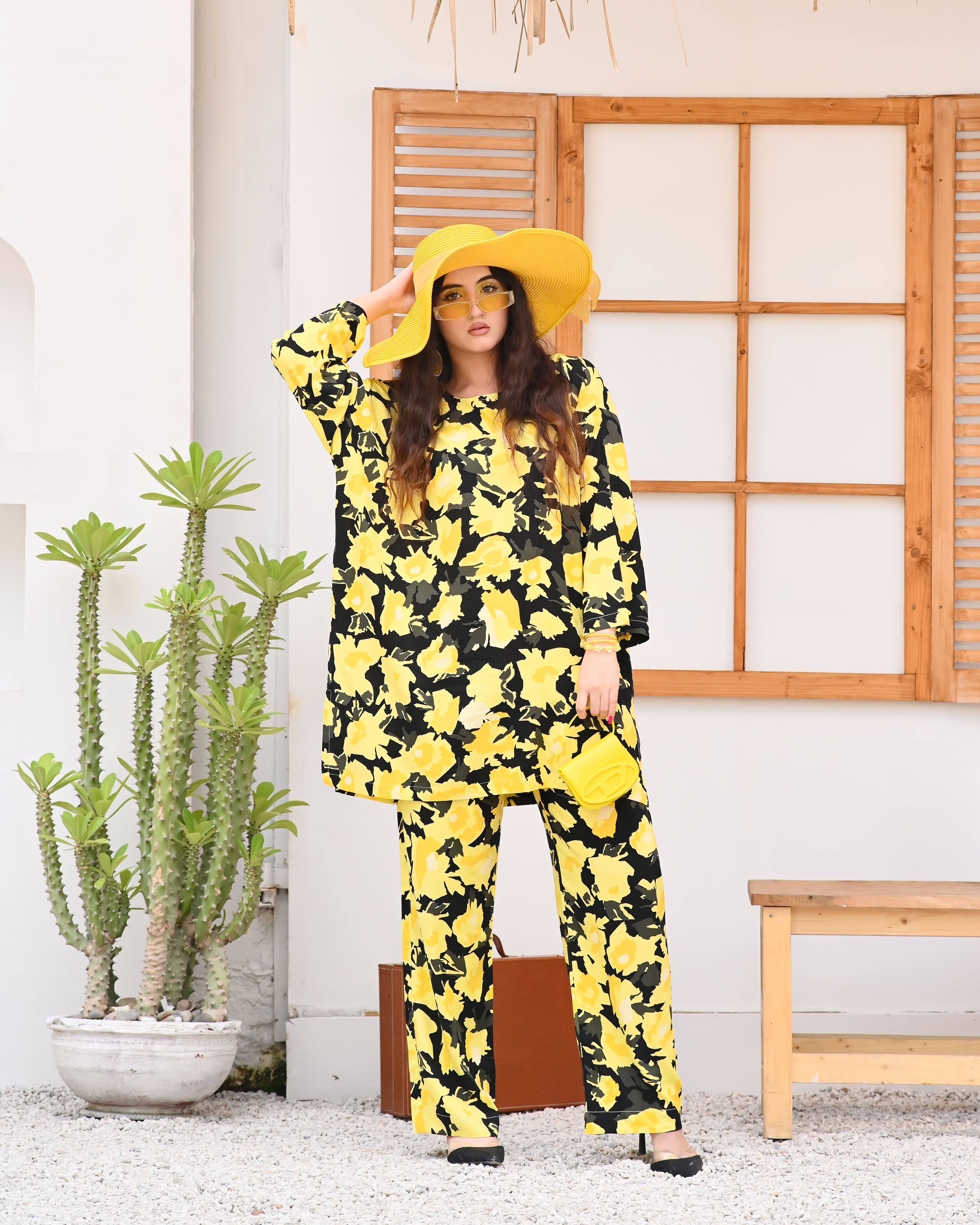 East West Crazy Age Printed Co-ord Set Woman-2491-Yellow Black