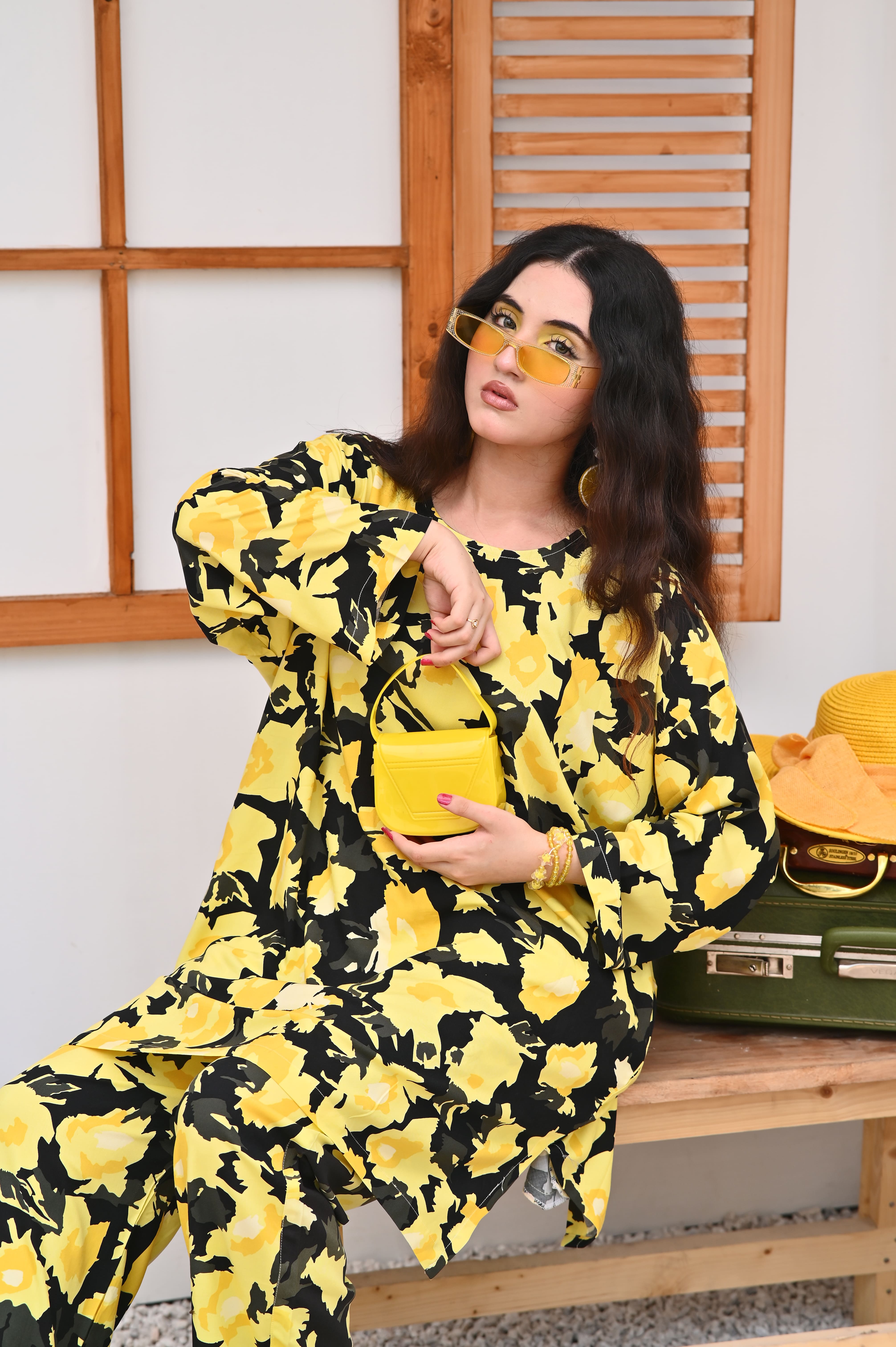 East West Crazy Age Printed Co-ord Set Woman-2491-Yellow Black