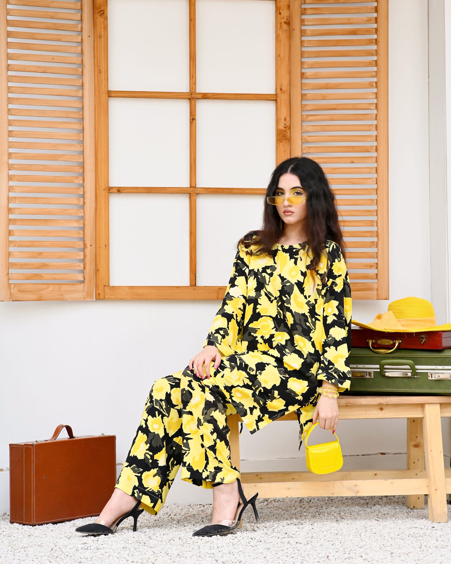 East West Crazy Age Printed Co-ord Set Woman-2491-Yellow Black