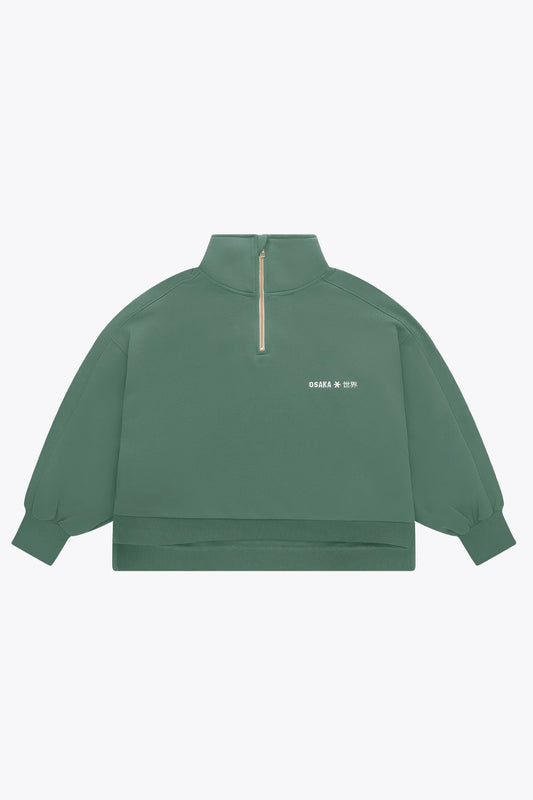 2732-Osk Women Cropped Drop Shoulder Half Zip Sweater-Green
