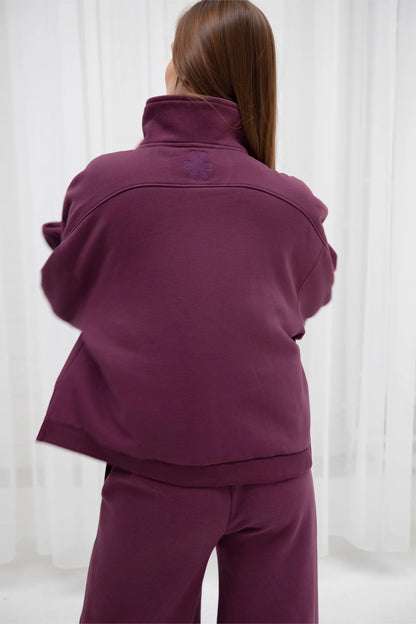 2732-Osk Women Cropped Drop Shoulder Half Zip Sweater-Plum