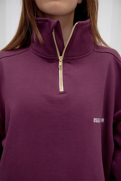 2732-Osk Women Cropped Drop Shoulder Half Zip Sweater-Plum