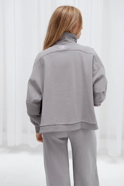 2732-Osk Women Cropped Drop Shoulder Half Zip Sweater-Grey